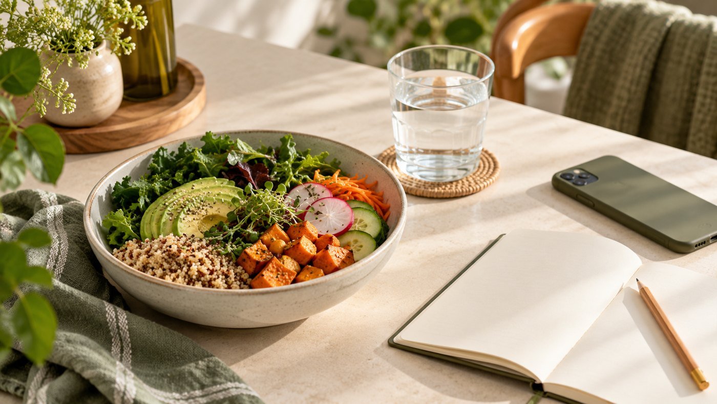 Vegetable and grain bowl beside water, a journal and a phone